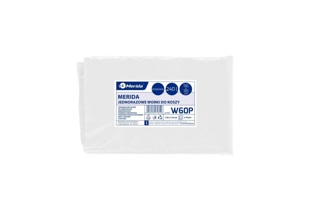 Jednorazowe worki na śmieci MERIDA, 110 x 110 cm, pojemność
240 l, paczka 10 szt., BEZBARWNE Merida W60P