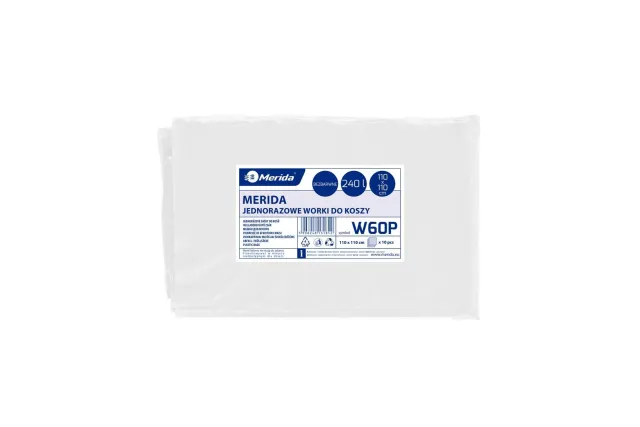 Jednorazowe worki na śmieci MERIDA, 110 x 110 cm, pojemność
240 l, paczka 10 szt., BEZBARWNE Merida W60P