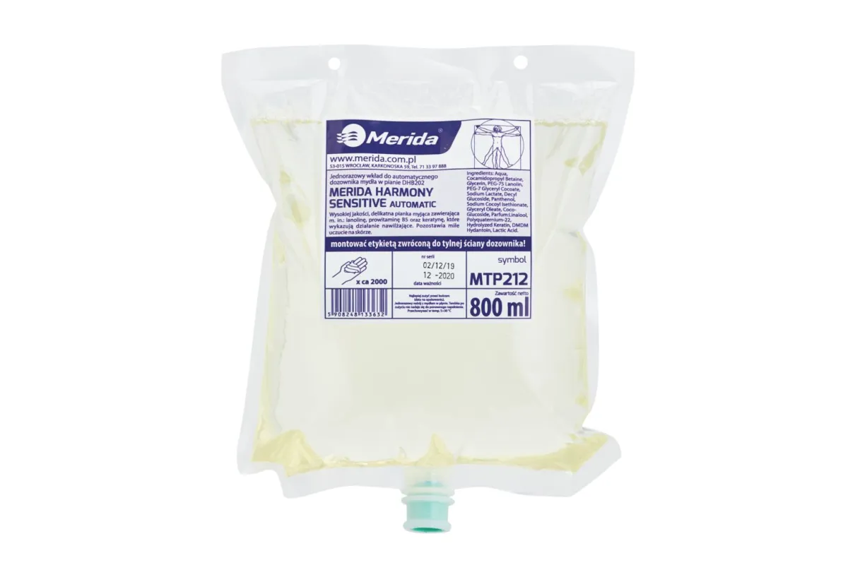 Mydło w pianie MERIDA HARMONY SENSITIVE AUTOMATIC,
jednorazowy wkład 800 ml, o zdecydowanym aromacie Merida MTP212