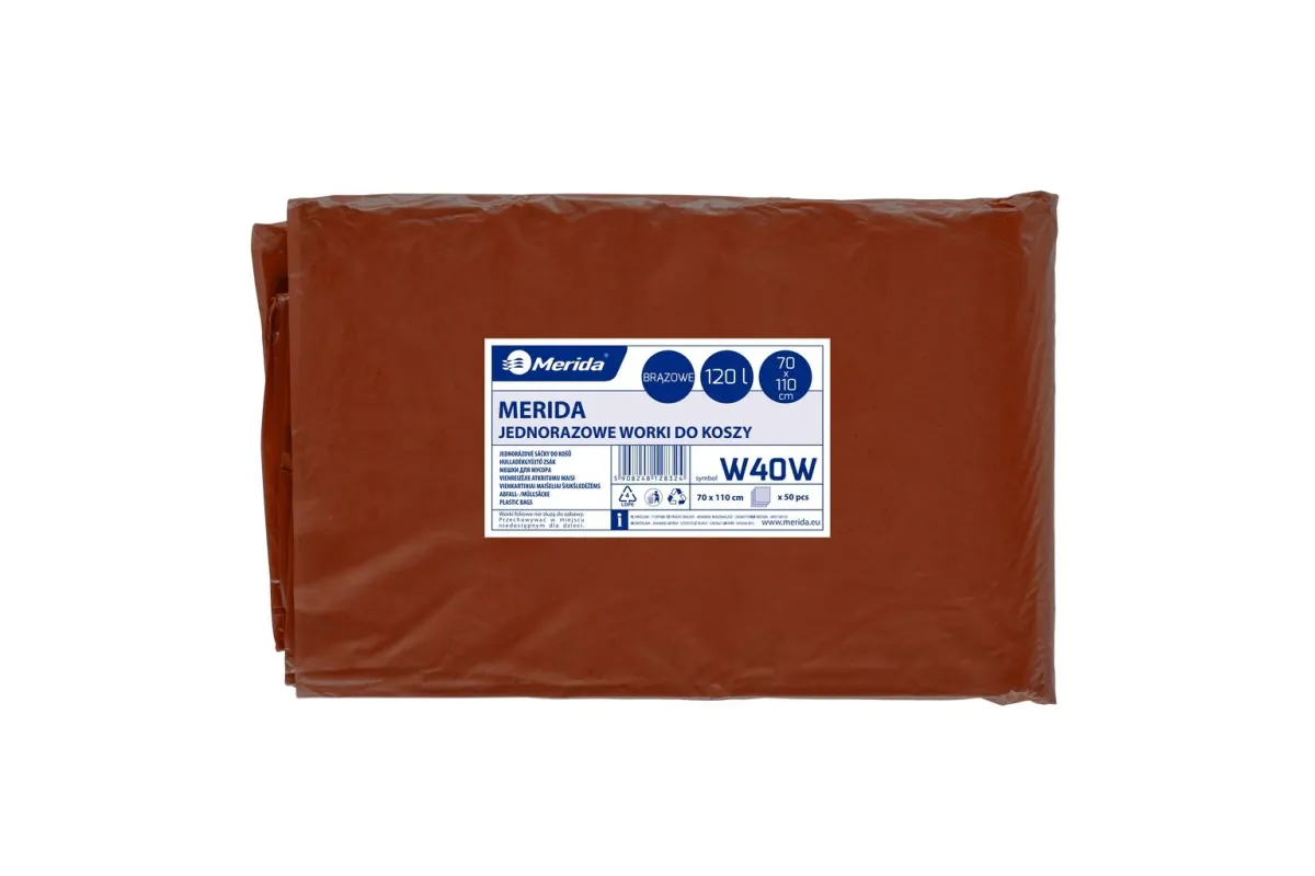 Jednorazowe worki na śmieci MERIDA, 70 x 110 cm, pojemność
120 l, paczka 50 szt., BRĄZOWE Merida W40W