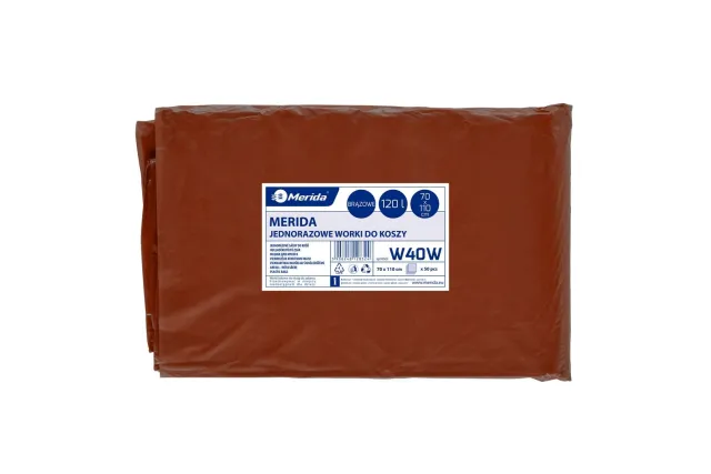 Jednorazowe worki na śmieci MERIDA, 70 x 110 cm, pojemność
120 l, paczka 50 szt., BRĄZOWE Merida W40W