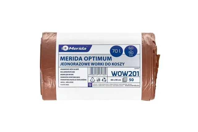 Jednorazowe worki na śmieci MERIDA OPTIMUM, 60 x 90 cm, pojemność 70 l, rolka 50 szt., BRĄZOWE Merida WOW201