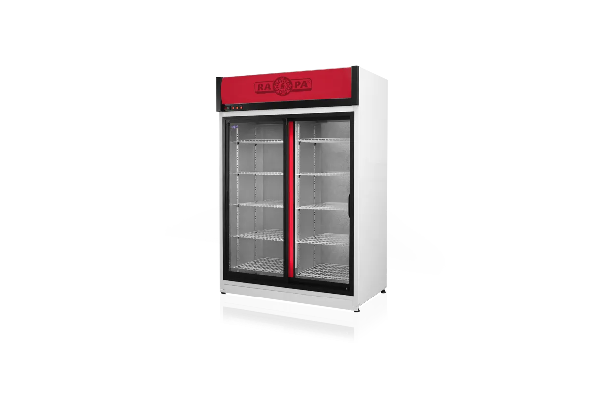 Szafa chłodnicza dwustronnie przeszklona, przesuwne drzwi od strony obsługi, typ AG 3 klasa klimatyczna, model SCH-2SR1400/1DAG3