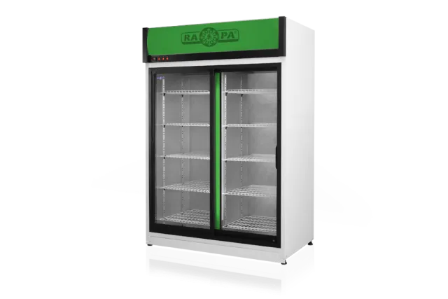 Szafa chłodnicza dwustronnie przeszklona, przesuwne drzwi od strony obsługi, typ AG 3 klasa klimatyczna, model SCH-2SR1400/1DAG3