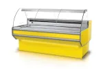 Lada chłodnicza szyba gięta, blat nierdzewny, bokami PS-HIPS, osłona stopek, LED, korpus w kolorze RAPA L-B2/137/90