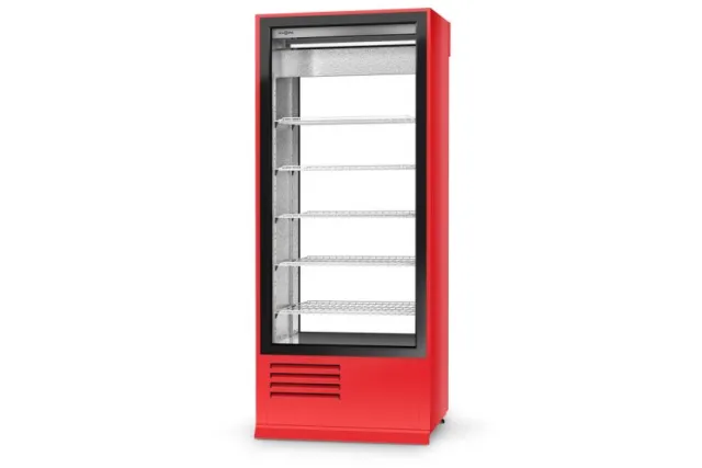 Szafa chłodnicza, dwustronnie przeszklona z szybą stałą od strony klienta, oświetlenie LED oraz z osłoną stopek, typ standard 3