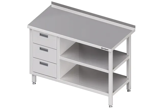 Stół przyścienny z blokiem trzech szuflad (L),i 2-ma półkami 1800x600x850 mm Stalgast 980406180