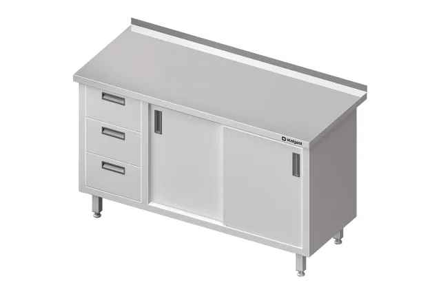 Stół przyścienny z blokiem trzech szuflad (L),drzwi suwane 1300x700x850 mm Stalgast 980467130