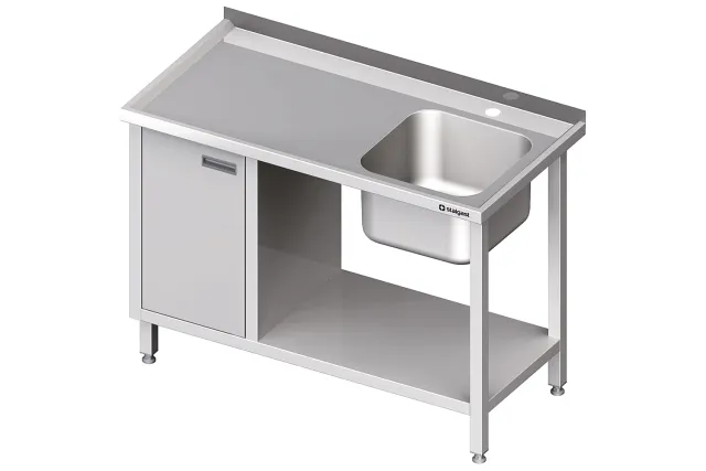 Stół ze zlew 1-kom.(P), z szafką i półką 1300x600x850 mm Stalgast 980976130