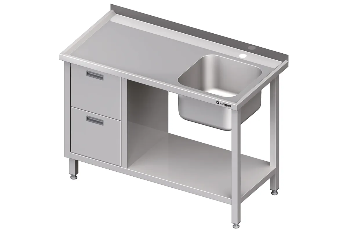 Stół ze zlewem 1-kom.(P), z blokiem dwóch szuflad i półką 1500x700x850 mm Stalgast 980997150