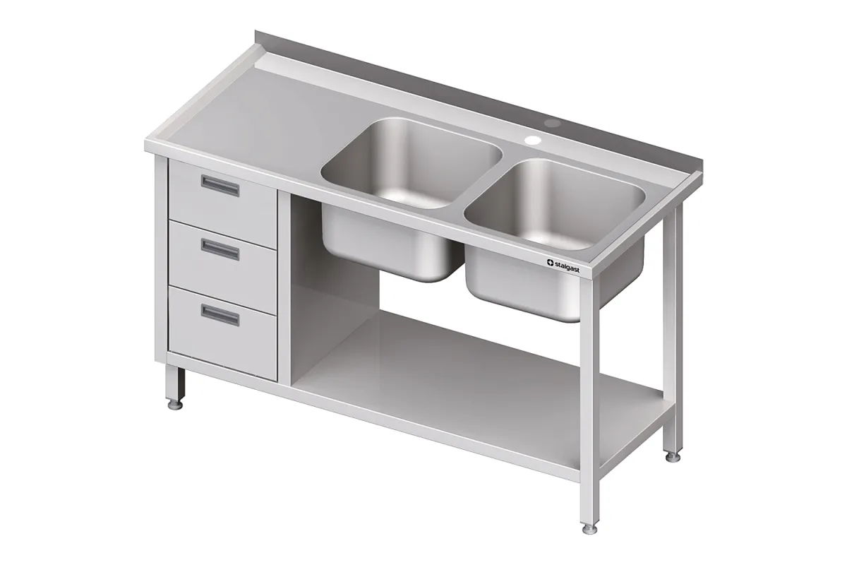 Stół ze zlewem 2-kom.(P), z blokiem trzech szuflad i półką 1500x600x850 mm Stalgast 981096150