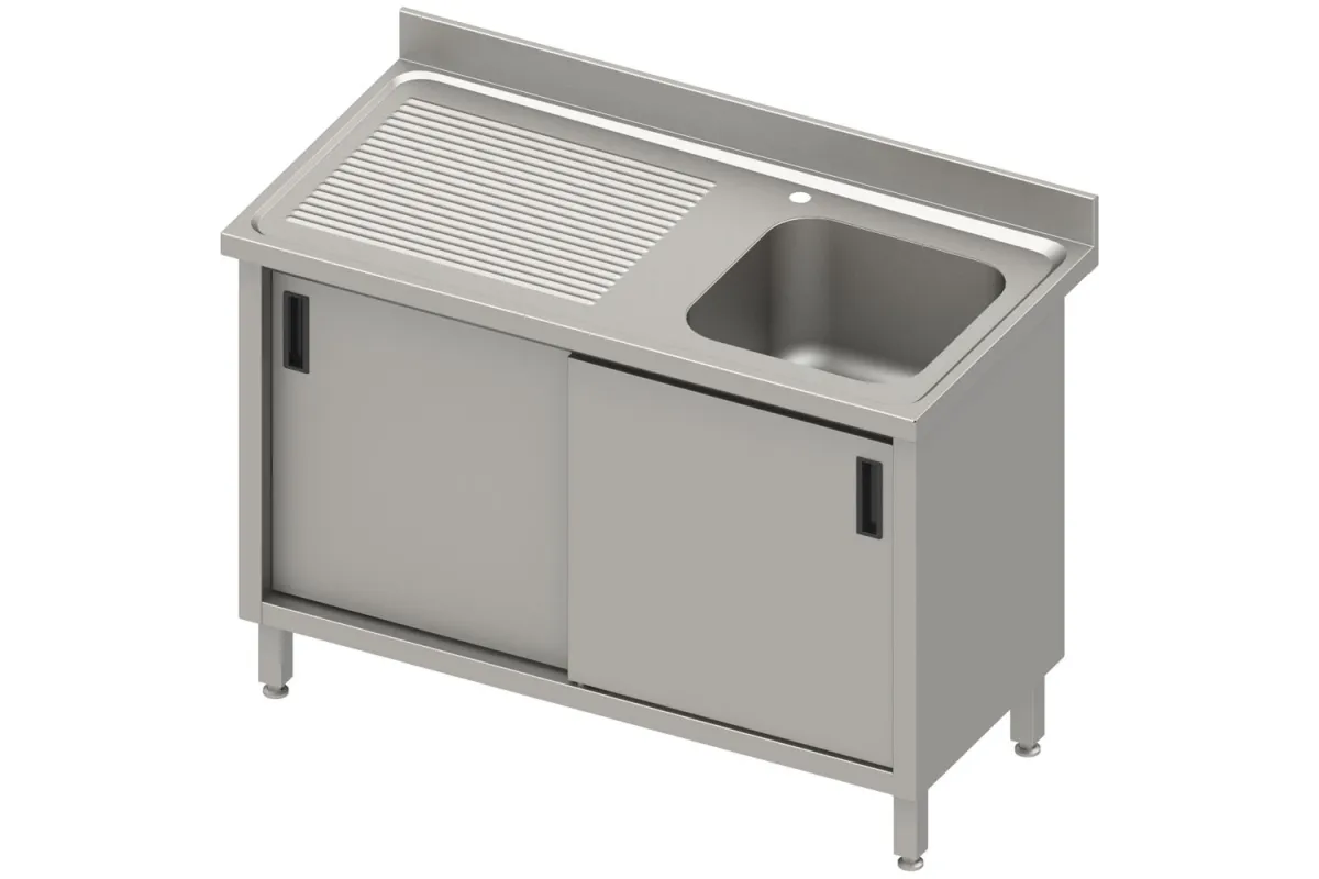 Stół ze zlewem 1-kom.(P),drzwi suwane 1300x700x850 mm, blat tłoczony 100x15x10 Stalgast 984517130