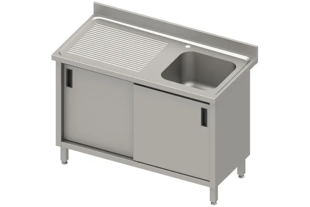 Stół ze zlewem 1-kom.(P),drzwi suwane 1600x700x850 mm, blat tłoczony 100x15x10 Stalgast 984517160