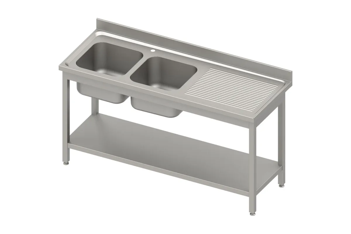 Stół ze zlewem 2-kom.(L),z półką 1600x700x850 mm skręcany, blat tłoczony 100x15x10 Stalgast 984607160