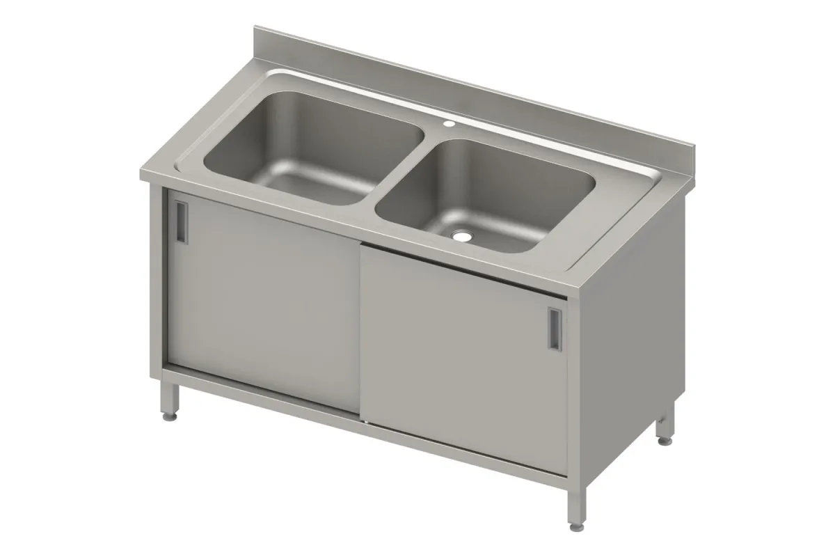 Stół ze zlewem 2-kom.(L),drzwi suwane 1200x700x850 mm, blat tłoczony 100x15x10 Stalgast 984667120