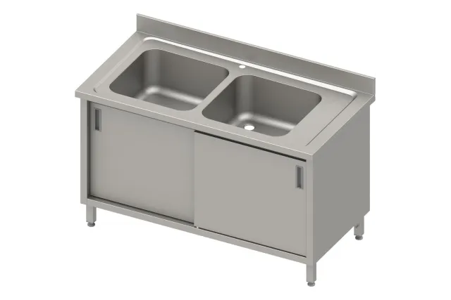 Stół ze zlewem 2-kom.(L),drzwi suwane 1200x700x850 mm, blat tłoczony 100x15x10 Stalgast 984667120