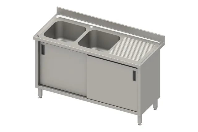Stół ze zlewem 2-kom.(L),drzwi suwane 1600x700x850 mm, blat tłoczony 100x15x10 Stalgast 984667160