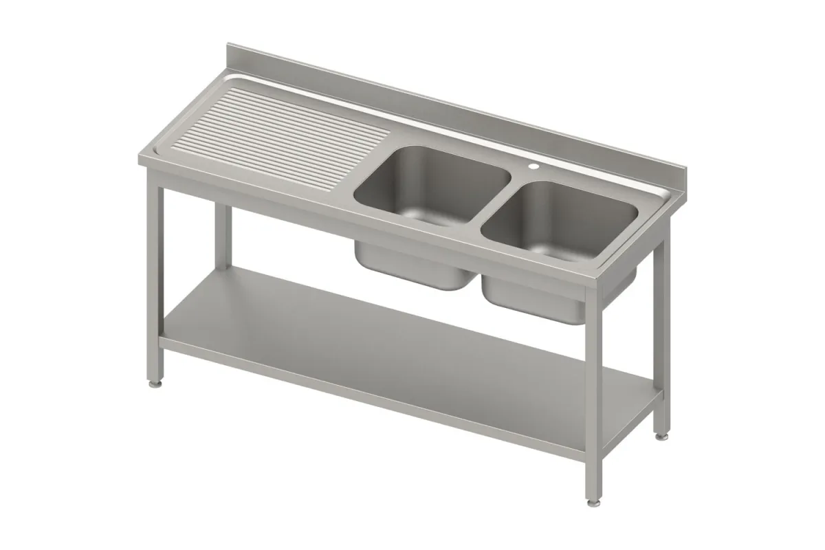 Stół ze zlewem 2-kom.(P),z półką 1600x700x850 mm spawany, blat tłoczony 100x15x10 Stalgast 984597160S