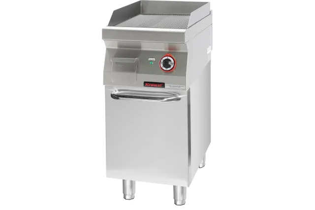 Płyta grillowa ryflowana chromowana 400mm 4,8kW na podstawie szafkowej zamkniętej 400x700x900 Kromet 700.PBE-400R.S.D