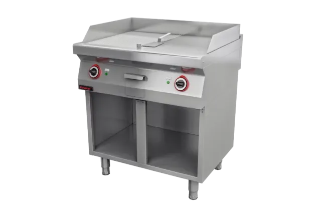 Płyta grillowa 1/2gł. + 1/2ryf. chromowana 800 mm 9,6kW na podstawie szafkowej otwartej 800x700x900 Kromet 700.PBE-800GR.S