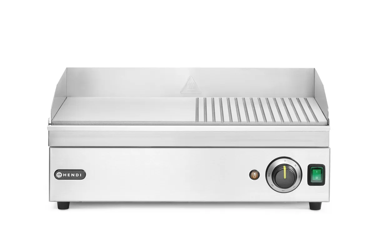 Płyta grillowa w połowie żebrowana, Kitchen Line, 1/2 gładka, 1/2 ryflowana, 220-240V/2400W, 527x404x233mm Hendi 154946