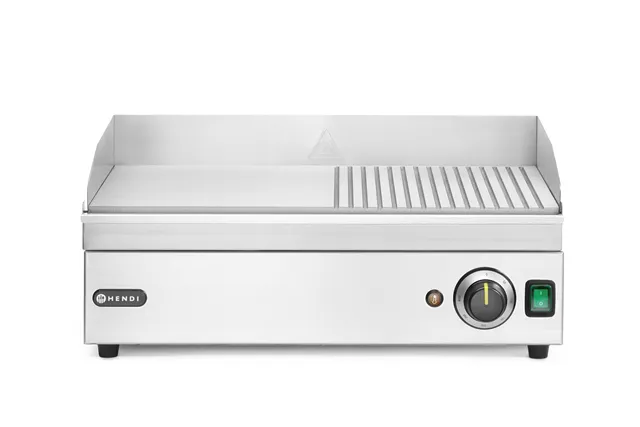 Płyta grillowa w połowie żebrowana, Kitchen Line, 1/2 gładka, 1/2 ryflowana, 220-240V/2400W, 527x404x233mm Hendi 154946