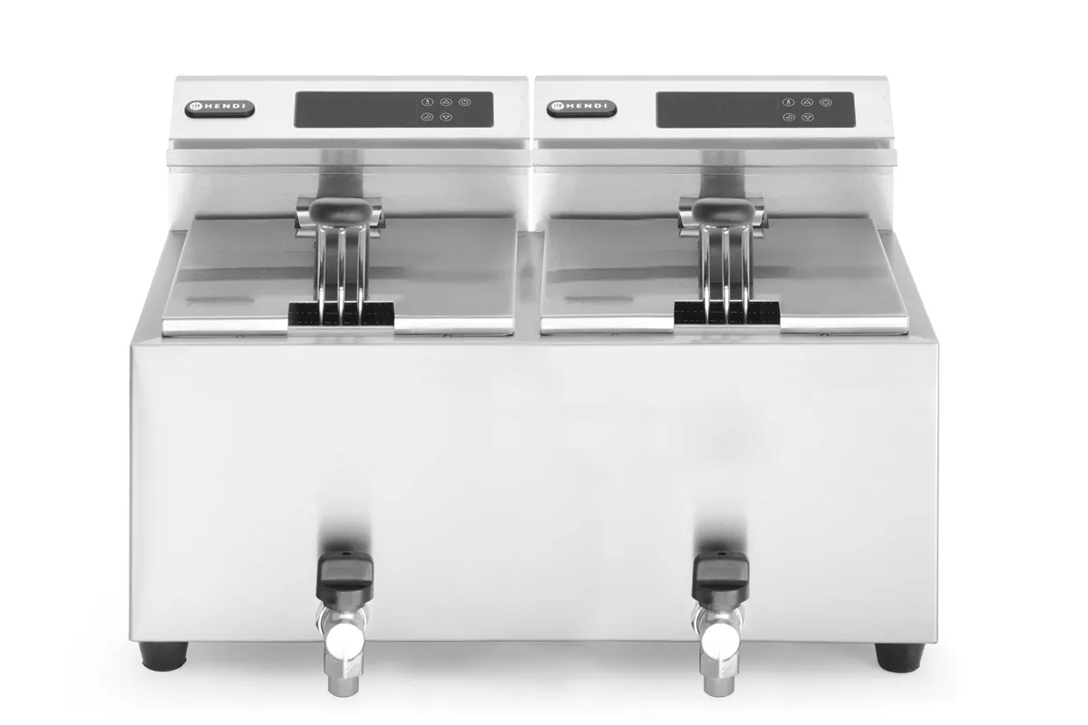 Frytownica z panelem cyfrowym z kranem spustowym 2×8l, Profi Line, 16L, 230V/7000W, 605x515x350mm Hendi 207376