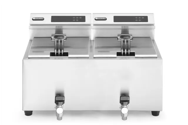 Frytownica z panelem cyfrowym z kranem spustowym 2×8l, Profi Line, 16L, 230V/7000W, 605x515x350mm Hendi 207376
