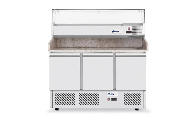Stół chłodniczy do pizzy 3-drzwiowy z nadstawą i blatem granitowym, 254L, 230V/400W, 1400x700x1491mm Arktic 232033