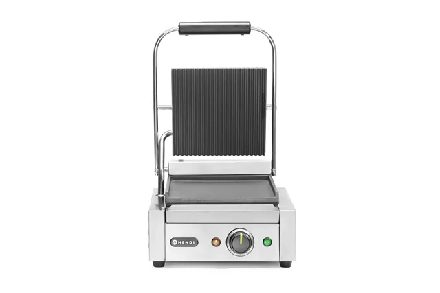 Grill kontaktowy pojedynczy, góra ryflowana , dół gładki, 230V/1800W, 310x375x216mm Hendi 263600