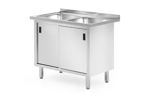 Stół z dwoma zlewami, szafka – spawany, z drzwiami suwanymi, Profi Line, 1000x600x850 mm, 1000x600x850mm Hendi 813690