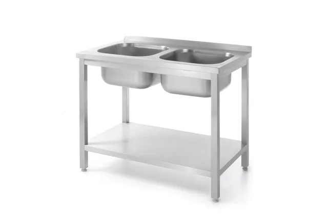 Stół z 2 zlewami i półką – skręcany, Kitchen Line, dwa zlewy, 1000x600x850mm Hendi 817032