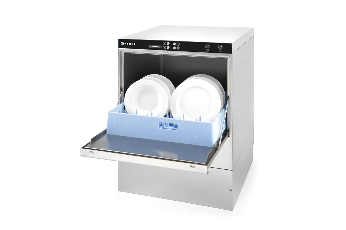 Zmywarka do naczyń 50x50 – sterowana elektromechanicznie, z pompą spustową, 400V/6600W, 570x600x830mm Hendi 233047