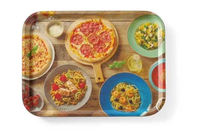 Taca do serwowania z nadrukiem, antypoślizgowa, tasty pizza & pasta, 330x430mm Hendi 508015