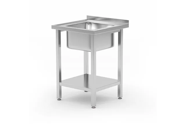 Stół ze zlewem i półką – skręcany, Kitchen Line, zlew wyśrodkowany, 600x600x850mm Hendi 816806