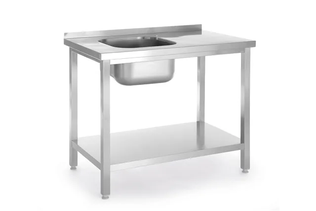 Stół ze zlewem i półką – skręcany, Kitchen Line, zlew po lewej, 800x600x850mm Hendi 817001