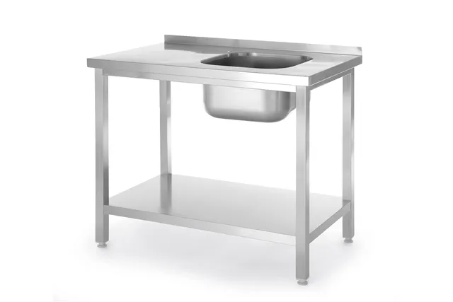 Stół ze zlewem i półką – skręcany, Kitchen Line, zlew po lewej, 1000x600x850mm Hendi 817025