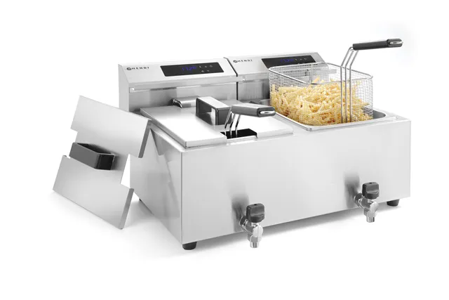 Frytownica z panelem cyfrowym z kranem spustowym 2×8l, Profi Line, 16L, 230V/7000W, 605x515x350mm Hendi 207376