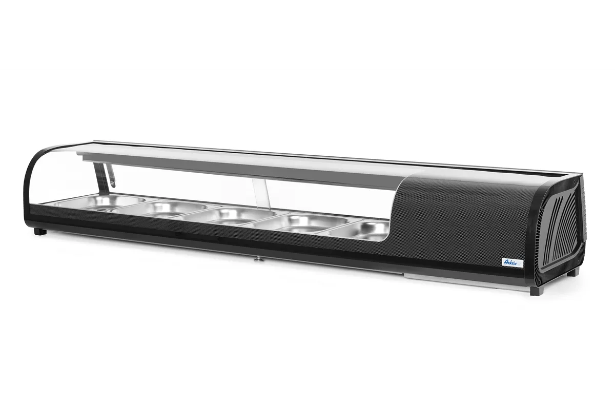 Witryna chłodnicza do sushi Pojemność: 5xGN1/2 (H)40mm – pojemniki w zestawie. czarny 220-240V/190W 1800x420x265mm Arktic 274040