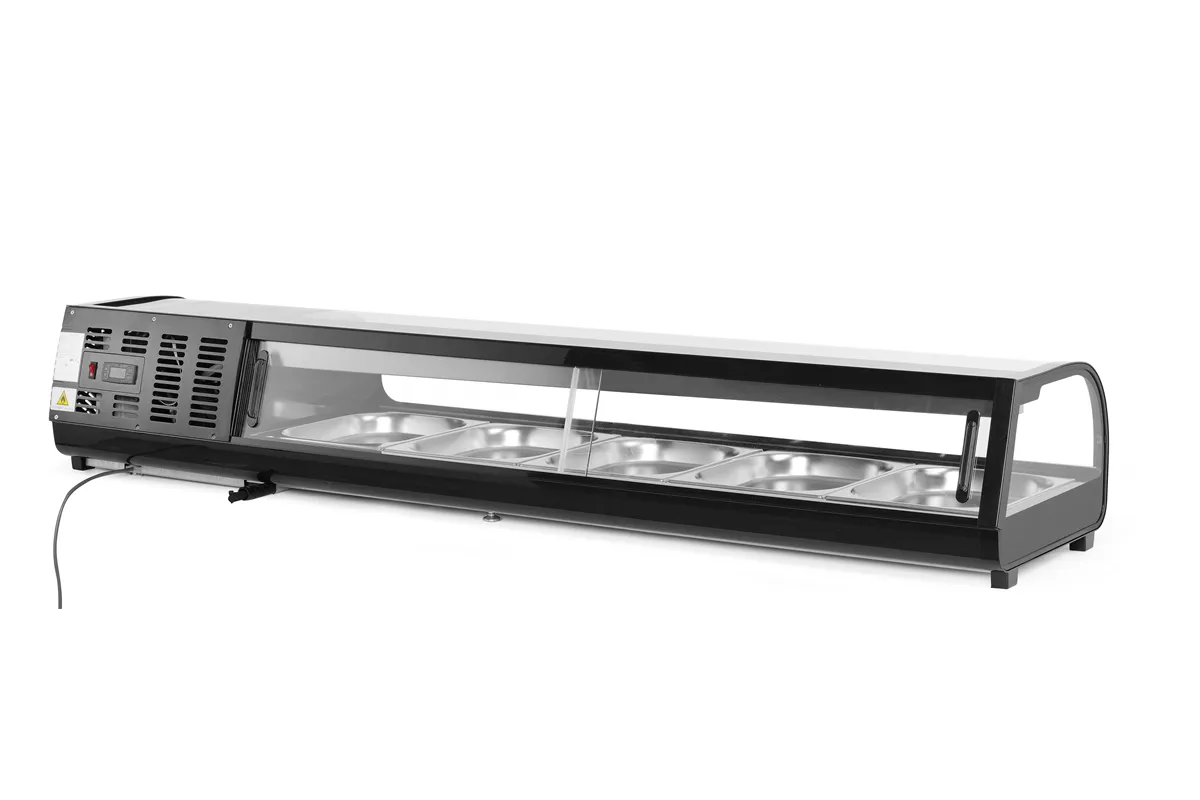 Witryna chłodnicza do sushi Pojemność: 5xGN1/2 (H)40mm – pojemniki w zestawie. czarny 220-240V/190W 1800x420x265mm Arktic 274040