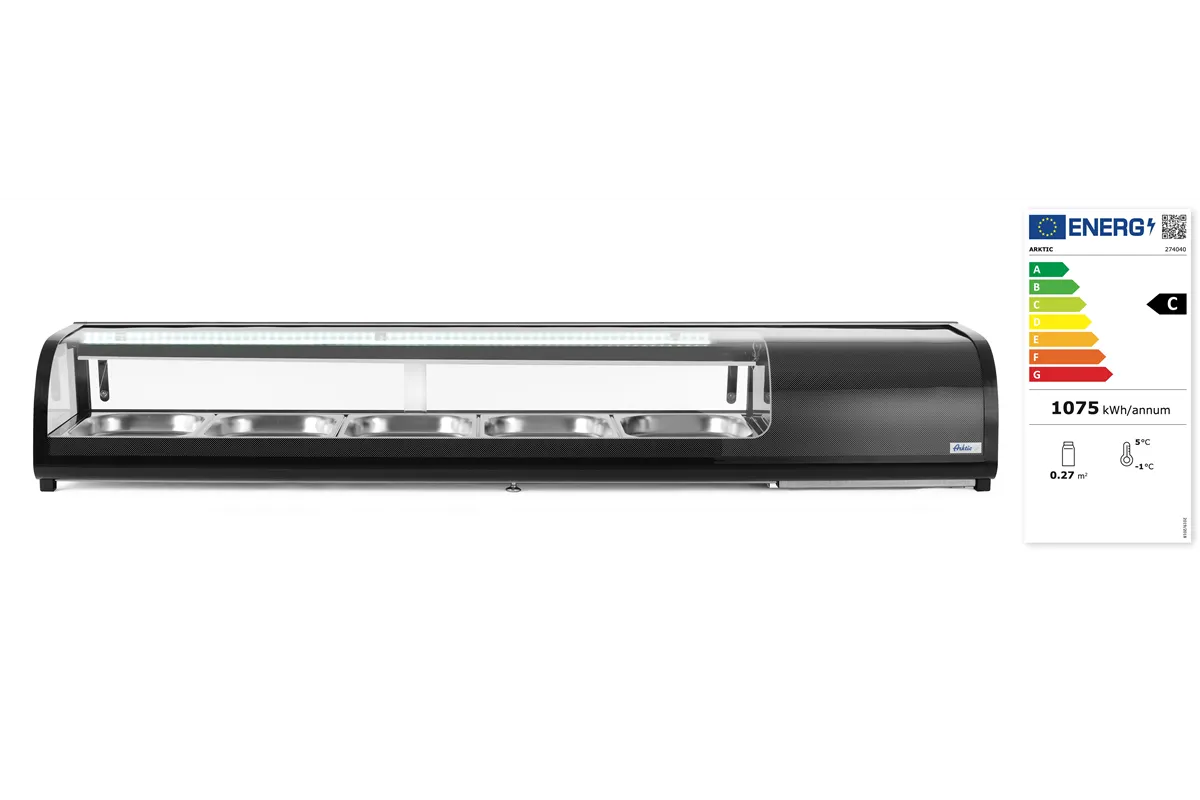 Witryna chłodnicza do sushi Pojemność: 5xGN1/2 (H)40mm – pojemniki w zestawie. czarny 220-240V/190W 1800x420x265mm Arktic 274040