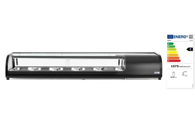 Witryna chłodnicza do sushi Pojemność: 5xGN1/2 (H)40mm – pojemniki w zestawie. czarny 220-240V/190W 1800x420x265mm Arktic 274040