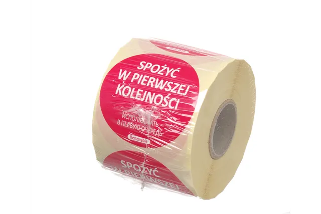 Etykiety Food Safety, wielokrotnego użytku – „SPOŻYĆ W PIERWSZEJ KOLEJNOŚCI", czerwony, 500 szt., ⌀50mm Hendi 850152