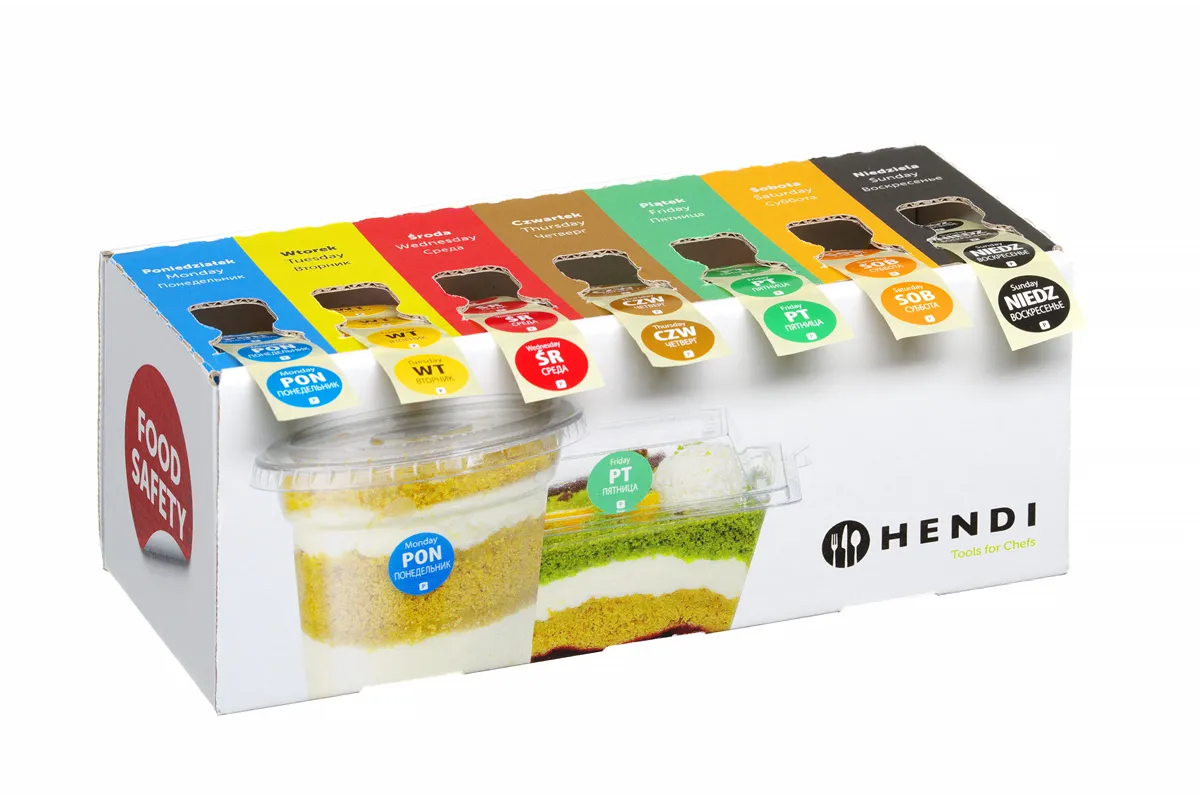 Zestaw etykiet jednorazowych Food Safety na każdy dzień tygodnia z podajnikiem, 240x80x100mm Hendi 850299