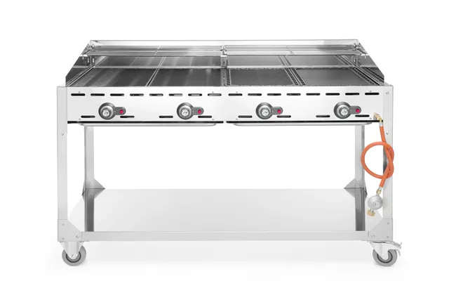 Grill Green Fire 4-palnikowy, Profi Line, podstawa z półką na kółkach, jasnoszary, 22kW, 1400x612x825mm Hendi 149614