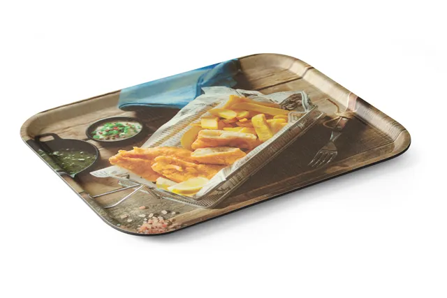 Taca do serwowania z nadrukiem, antypoślizgowa, tasty fish & chips, 330x430mm Hendi 508022