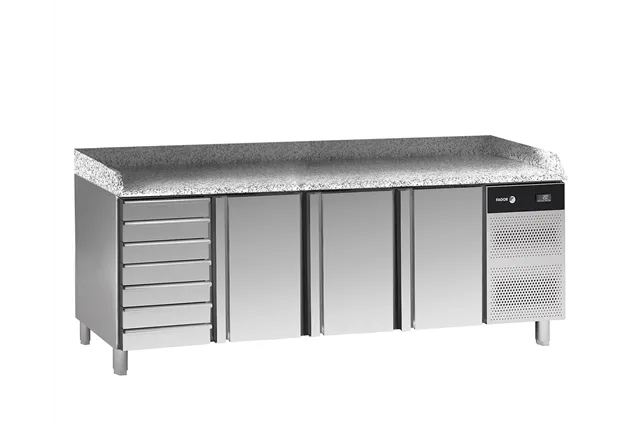 Stół do pizzy z blatem granitowym EN 60x40 z 3 drzwiami + moduł 7 szuflad 792L 2542x800x850mm Fagor CCP-3B GR D7