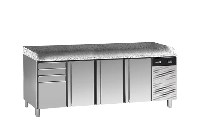 Stół do pizzy z blatem granitowym EN 60x40 z 3 drzwiami + moduł 4 szuflad 792L 2542x800x850mm Fagor CCP-3B GR D4