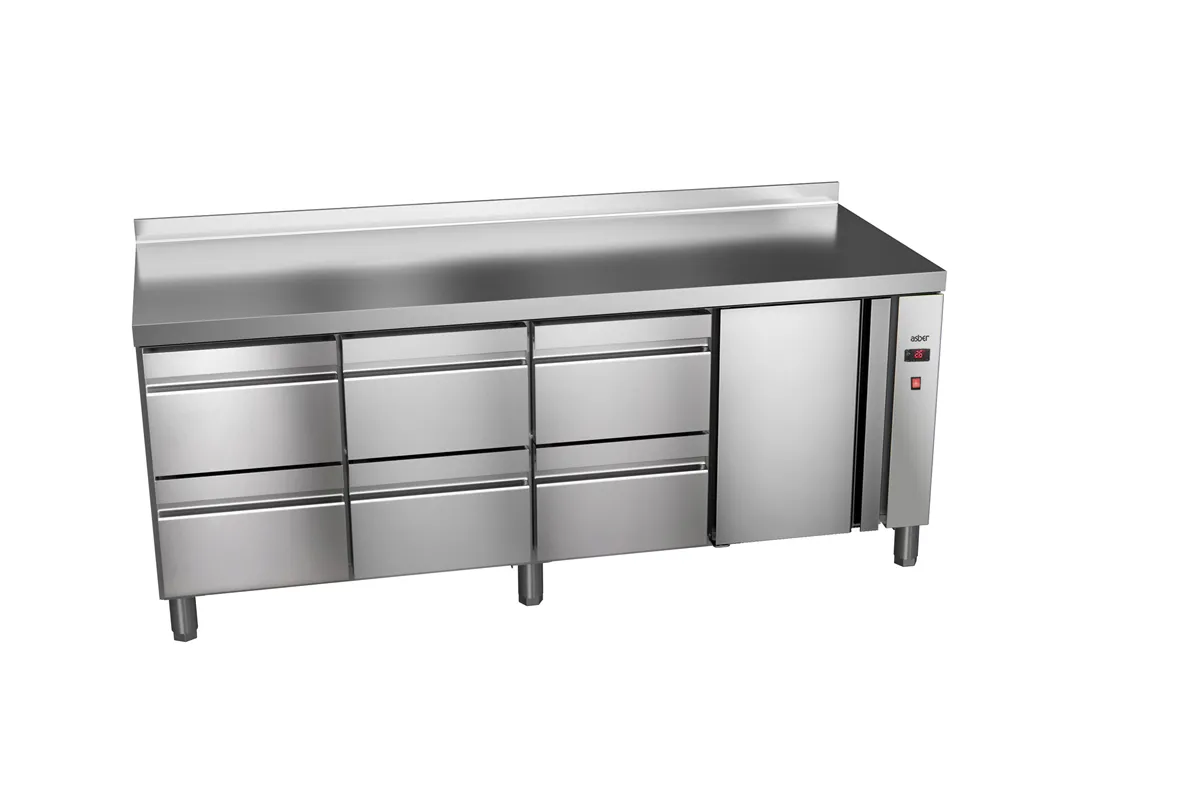 Stół chłodniczy 700mm z szufladami GN 1/1 bez agregatu, 6xszuflady,1xdrzwi pełne 1942x700x850mm, 32W 230V Asber ETP-7-192-16 R H