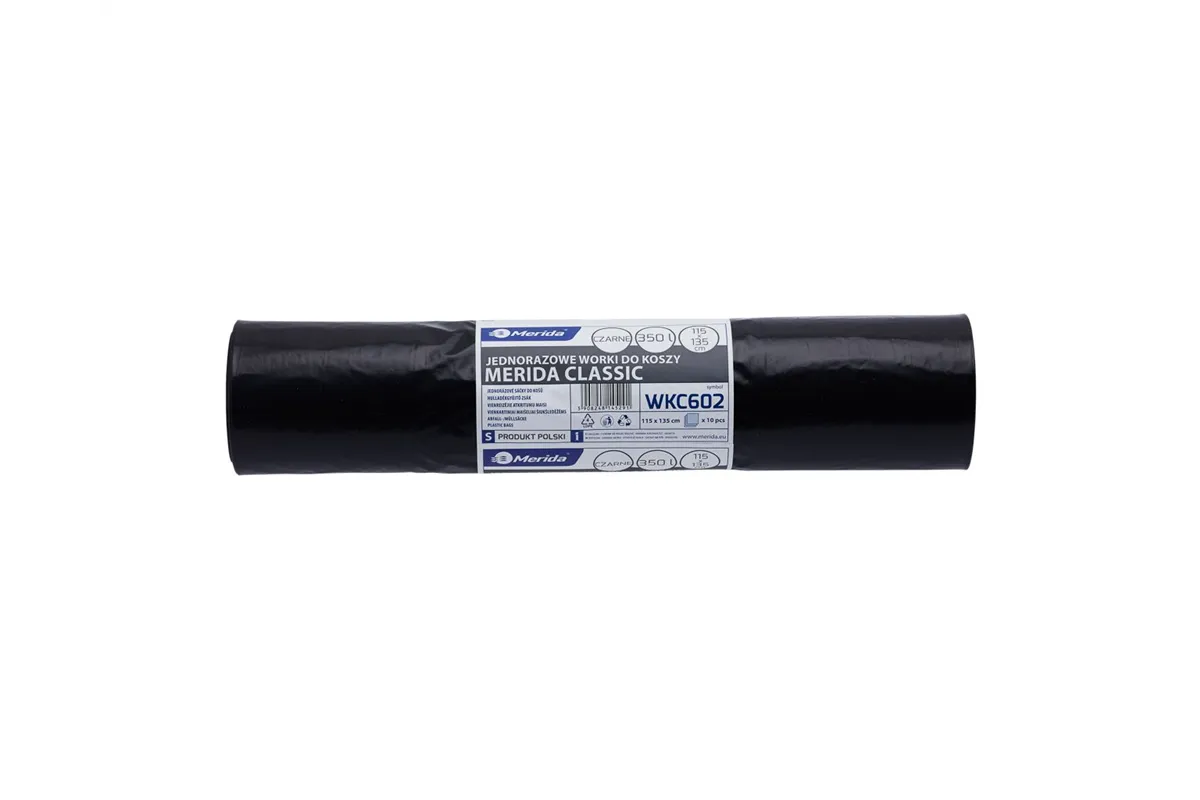 Worki na śmieci MERIDA, 115 x 135 cm, pojemność 350 l, rolka 10 szt., CZARNE, LDPE
 Merida WKC602